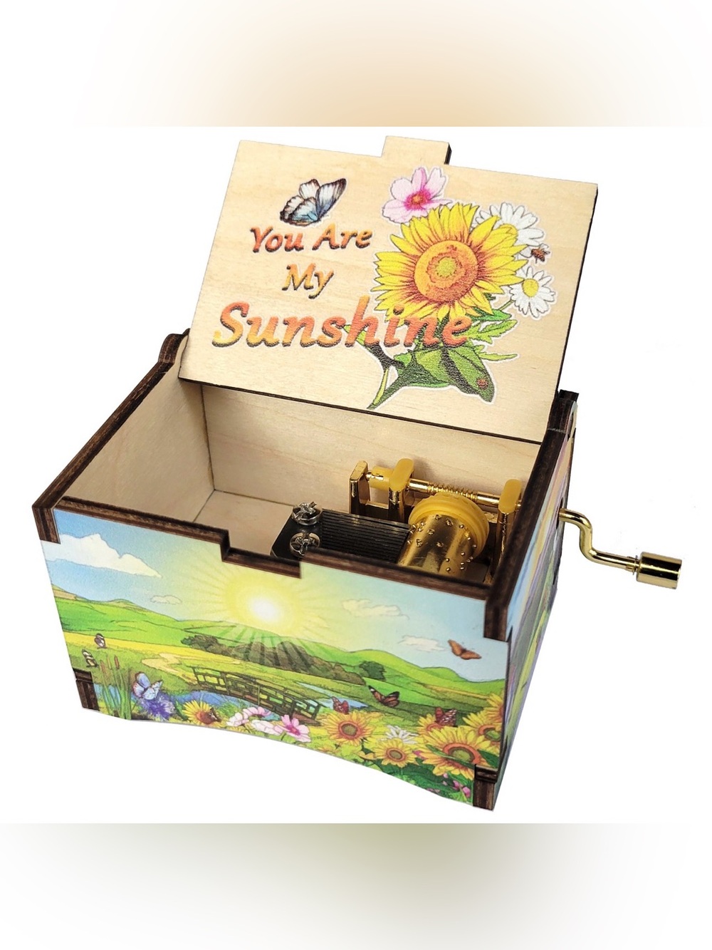 Hand Painted and Hand-Crank Music Box with Sunny Floral Landscape